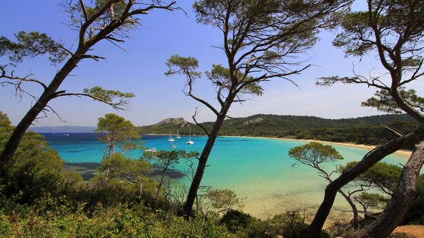 A coastal landscape with clear turquoise waters, boats, and a sandy beach surrounded by pine trees. - Val D'azur Chambres D'hôtes de Charme (Carqueiranne)