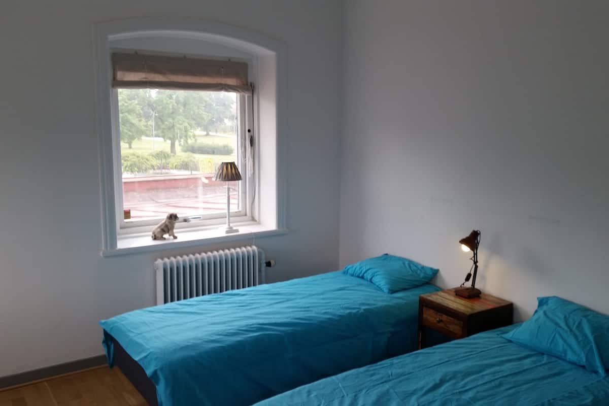 A bedroom with two beds, a window, a radiator, and a nightstand with a lamp.