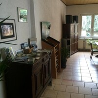 A kitchen with a wooden cabinet, a small refrigerator, and a potted plant.