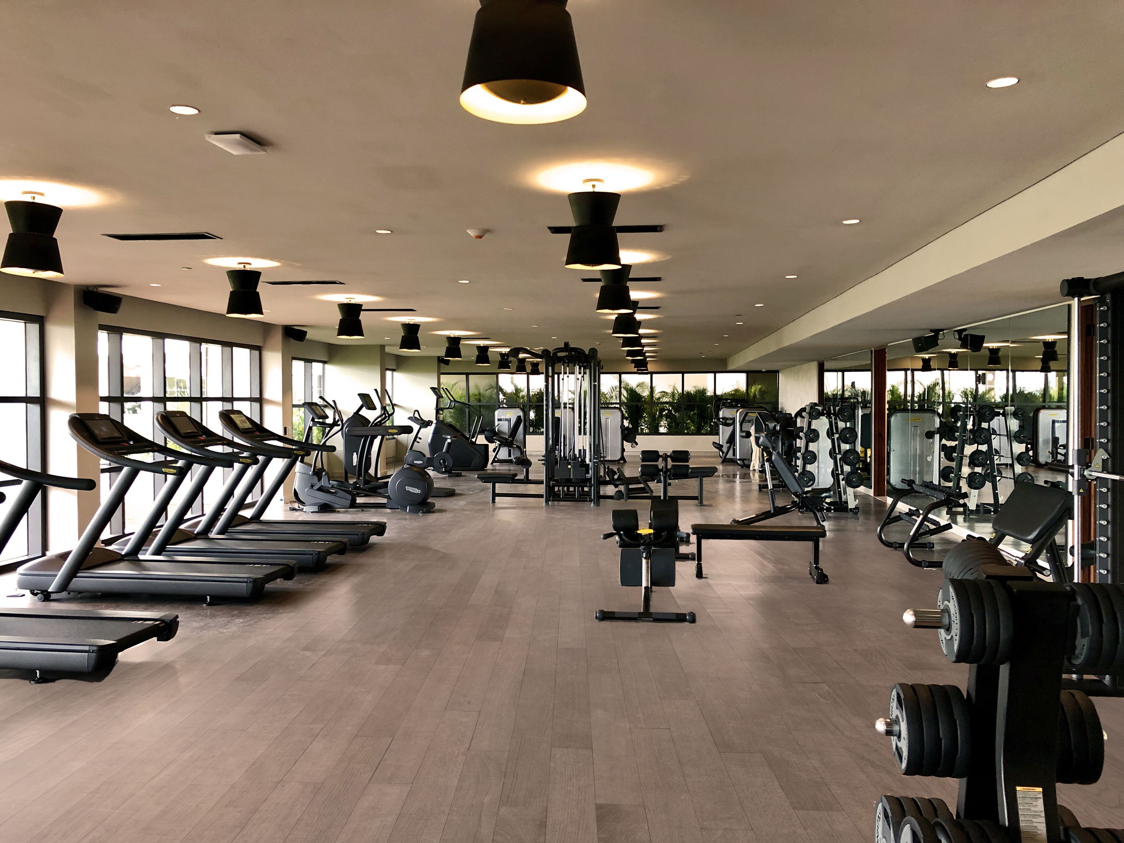 Une salle de sport spacieuse équipée de tapis de course, de vélos elliptiques et d’appareils de musculation.