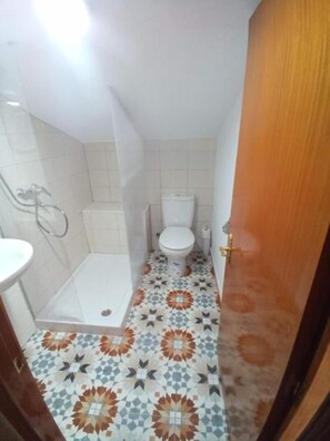 Une petite salle de bain avec une douche, des toilettes et un lavabo. Le sol est recouvert de carreaux décorés.
