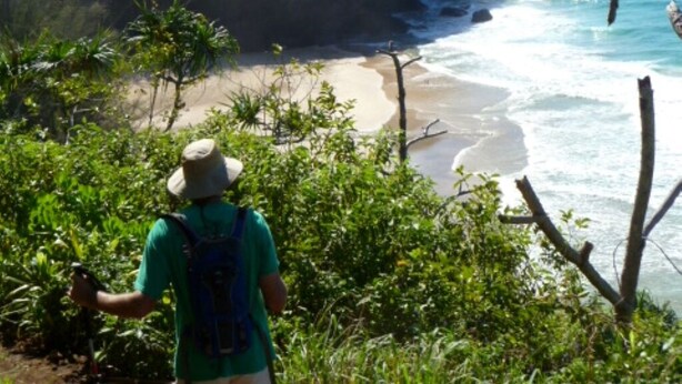 Una persona camina por un sendero con vistas a una playa, con una montaña al fondo.
