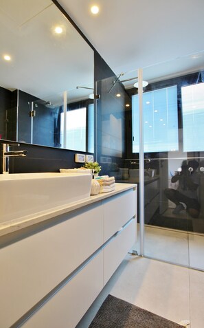 Hair dryer, towels, soap, shampoo