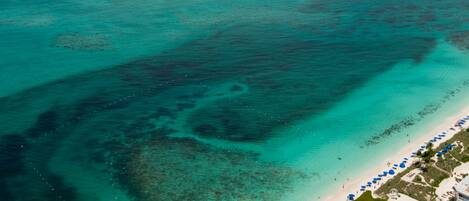 Vista aérea de un complejo turístico en la playa con aguas turquesas cristalinas, una playa de arena y un área de piscina rodeada de palmeras y sombrillas.