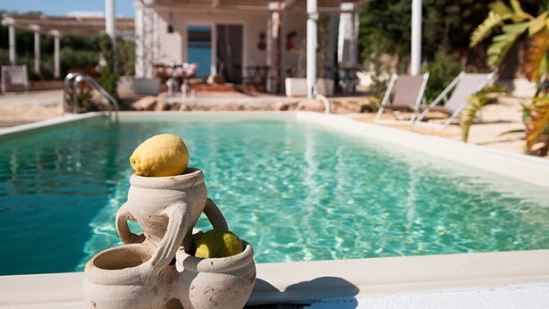 A pool with a lemon in a ceramic jug, a covered outdoor area with lounge chairs, and a building in the background.