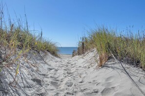 A sandy beach path leading to the ocean, surrounded by tall grasses. - Beechouse: Oceanfront Condo with Great Views, Community Pool, Near Golf Course (Caswell Beach)