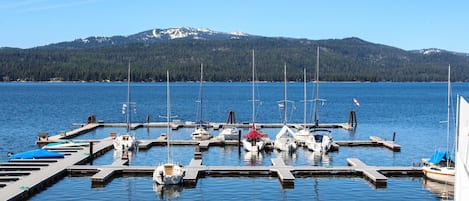 Boats docked at the marina, surrounded by a forest and a mountain.