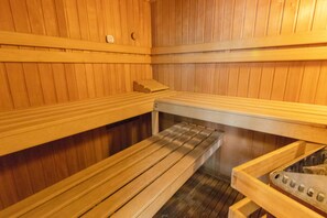 Relax in a serene sauna room with individual benches and a warm atmosphere.