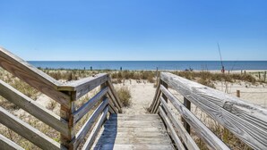A wooden boardwalk leading to a beach with a clear blue sky. - Blu Malibu: 5 Bed/3 Bath Oceanfront Home, Walking Distance to Davis Canal. (Oak Island)
