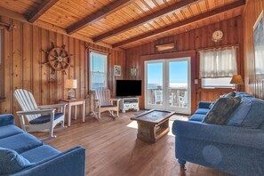 TV a schermo piatto, lettore DVD, libri