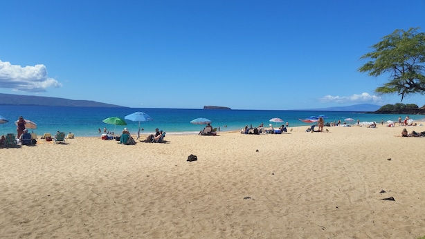 Une plage où des gens se détendent sous des parasols, un ciel dégagé et une île lointaine.