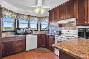 Dishwasher, coffee/tea maker, toaster oven, cookware/dishes/utensils - Wahoo: Oceanfront house in West Beach near Fish House Restaurant. (Oak Island)
