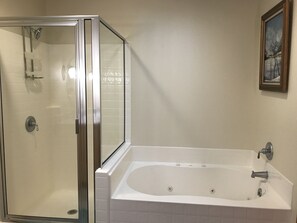 Combined shower/tub, hair dryer, towels, soap