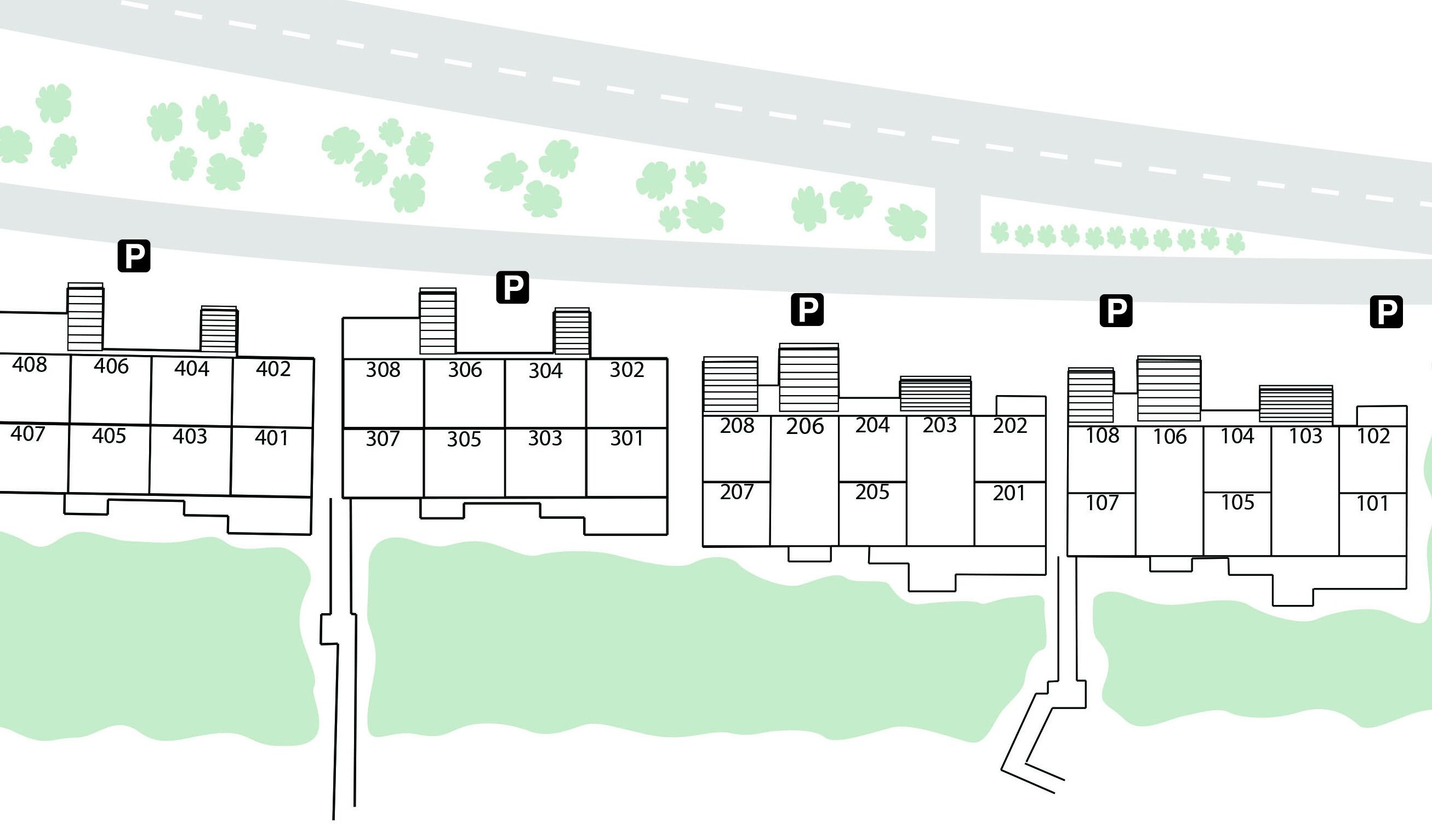 Een parkeerplaats met genummerde parkeerplaatsen en een voetpad.