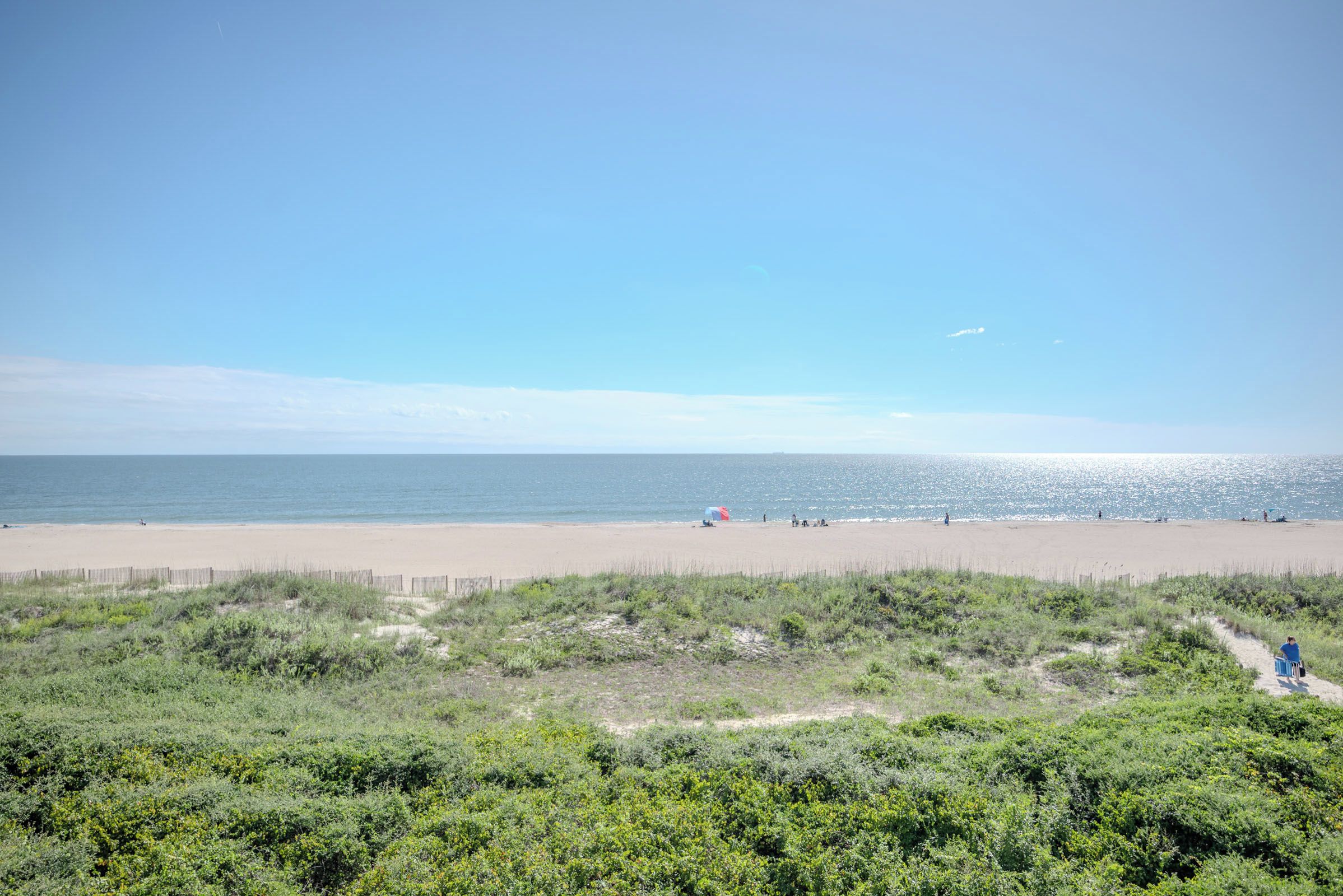 A beach with a clear sky, a sandy shore, and some vegetation in the foreground.