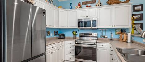 Dishwasher, coffee/tea maker, highchair, cookware/dishes/utensils