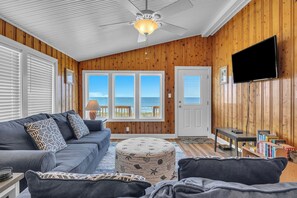 TV a schermo piatto, lettore DVD, libri