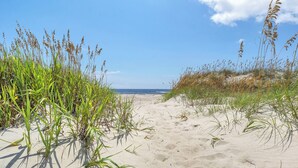 Un sentier de sable bordé de hautes herbes de chaque côté, qui mène à l’océan.