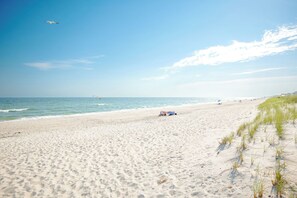 A sandy beach with a clear sky, a few people, and a seagull flying. - A Beach Music Paradise: Dog-friendly Island Home with Ocean Views and Easy Beach (Oak Island)
