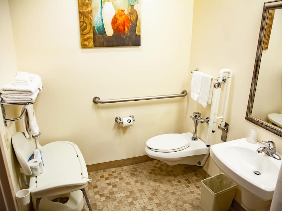Un baño con inodoro accesible para sillas de ruedas, un lavabo y un espejo.