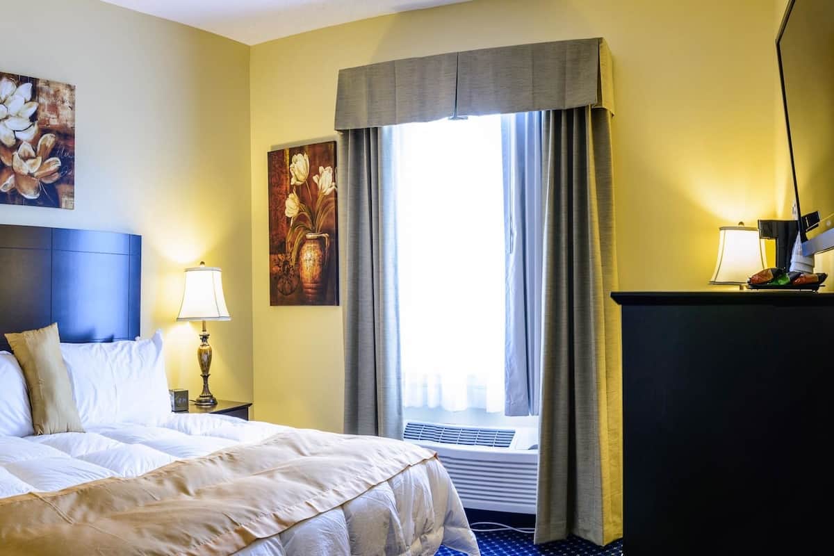 Premium bedding, desk, blackout curtains, iron/ironing board