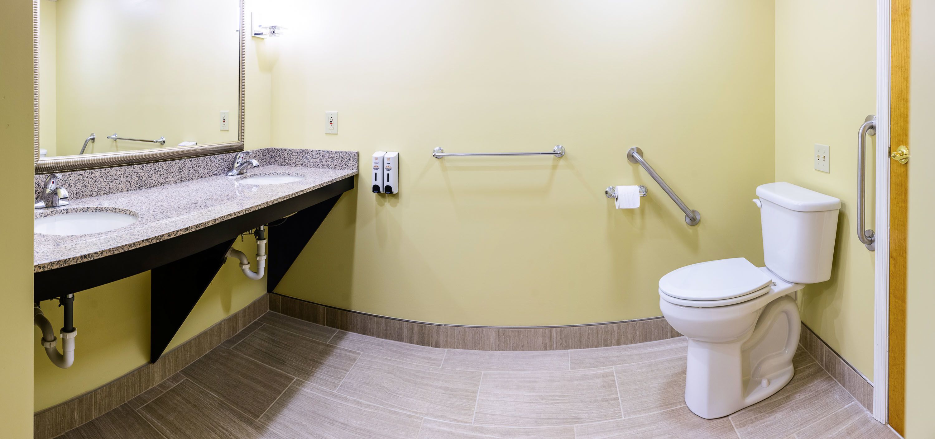 A bathroom with a granite sink, a toilet, and grab bars.