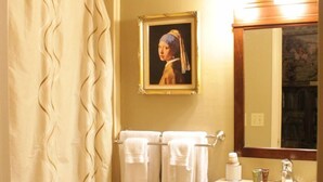A bathroom with a shower curtain, a toilet, a sink with a mirror, and a framed picture on the wall.