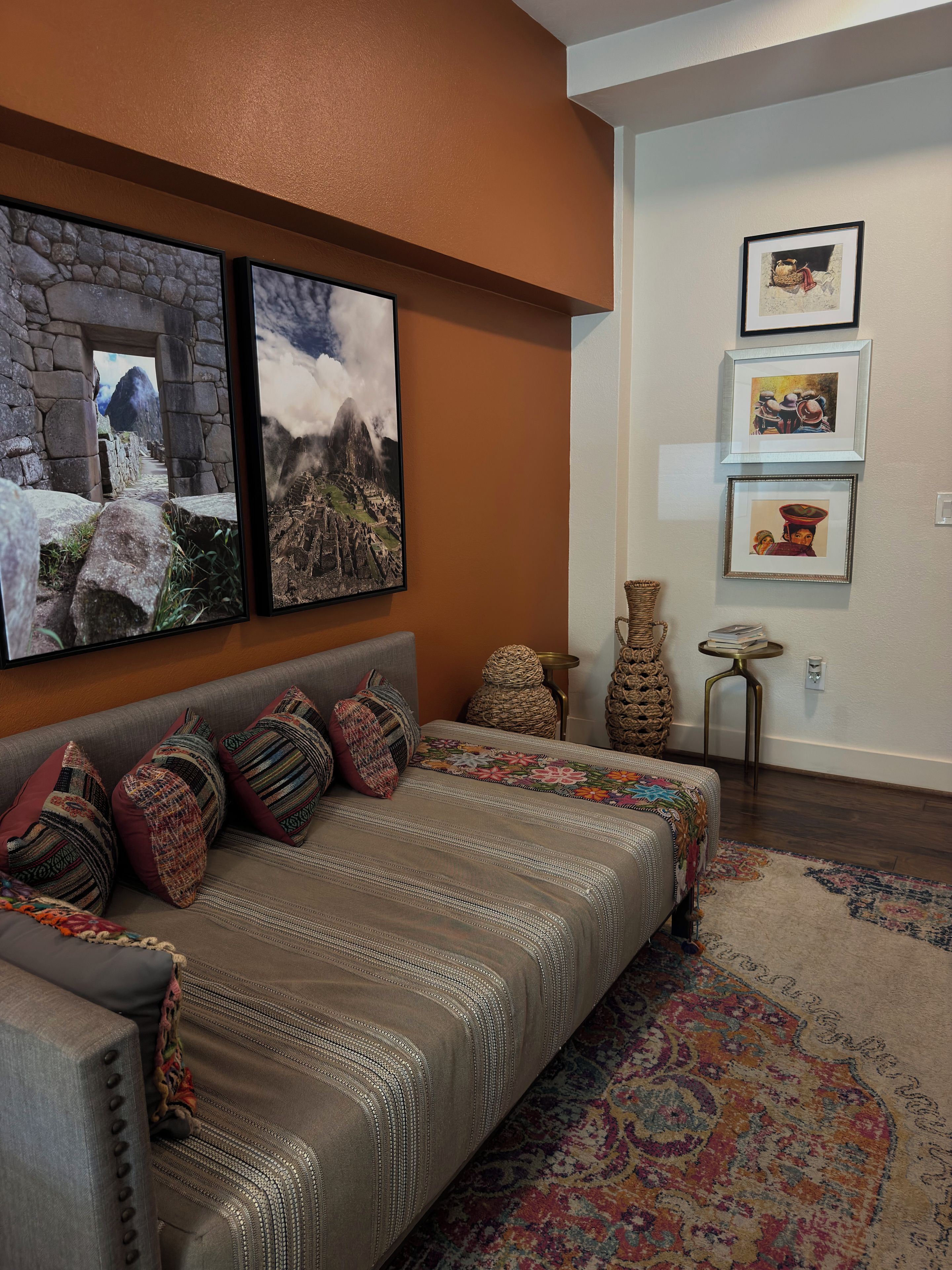 A modern living room with a sofa, decorative pillows, a patterned rug, and wall-mounted artwork.
