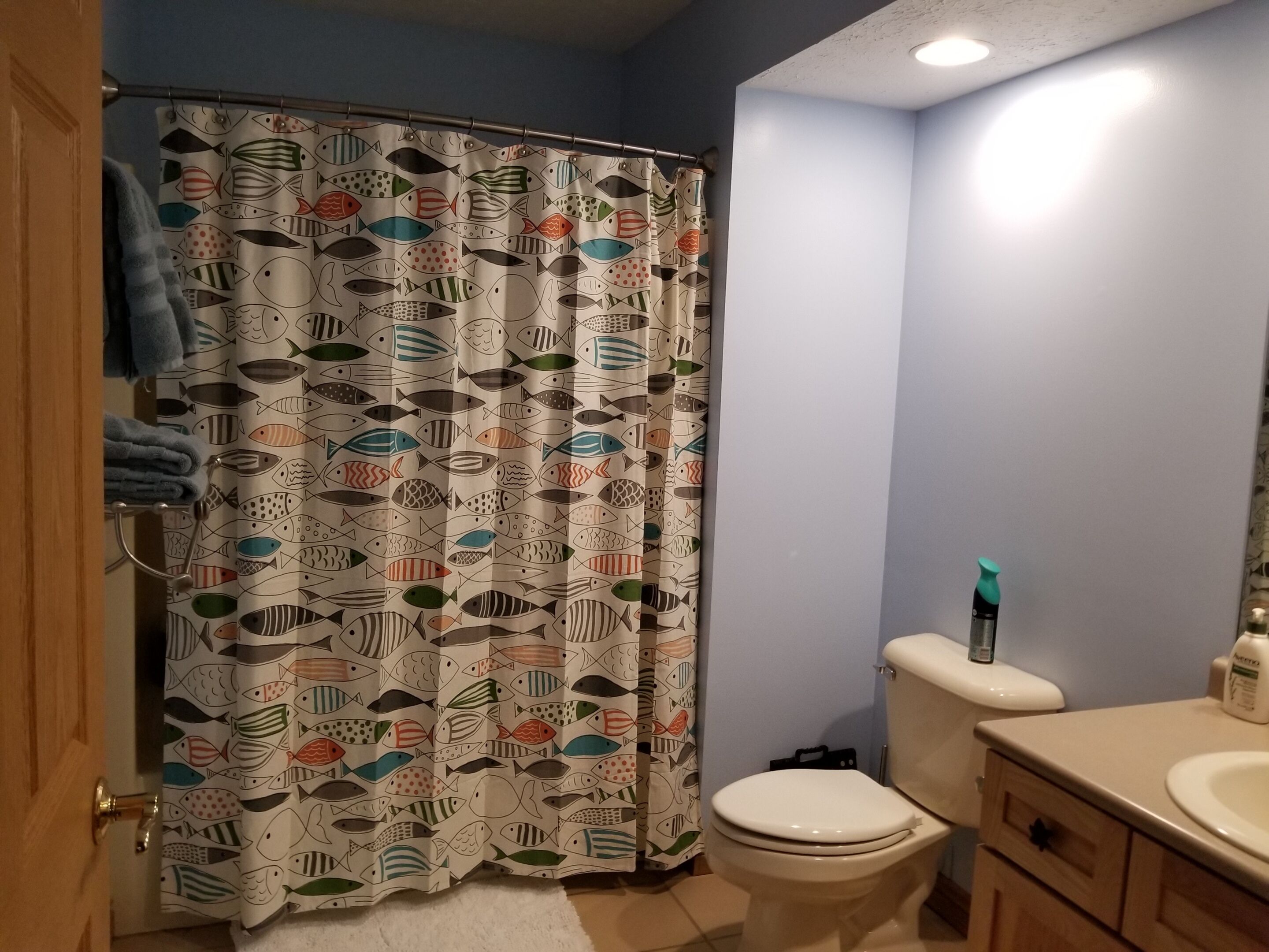 Un baño con cortina de ducha estampada con motivos de peces, un inodoro y un lavabo con artículos de aseo.