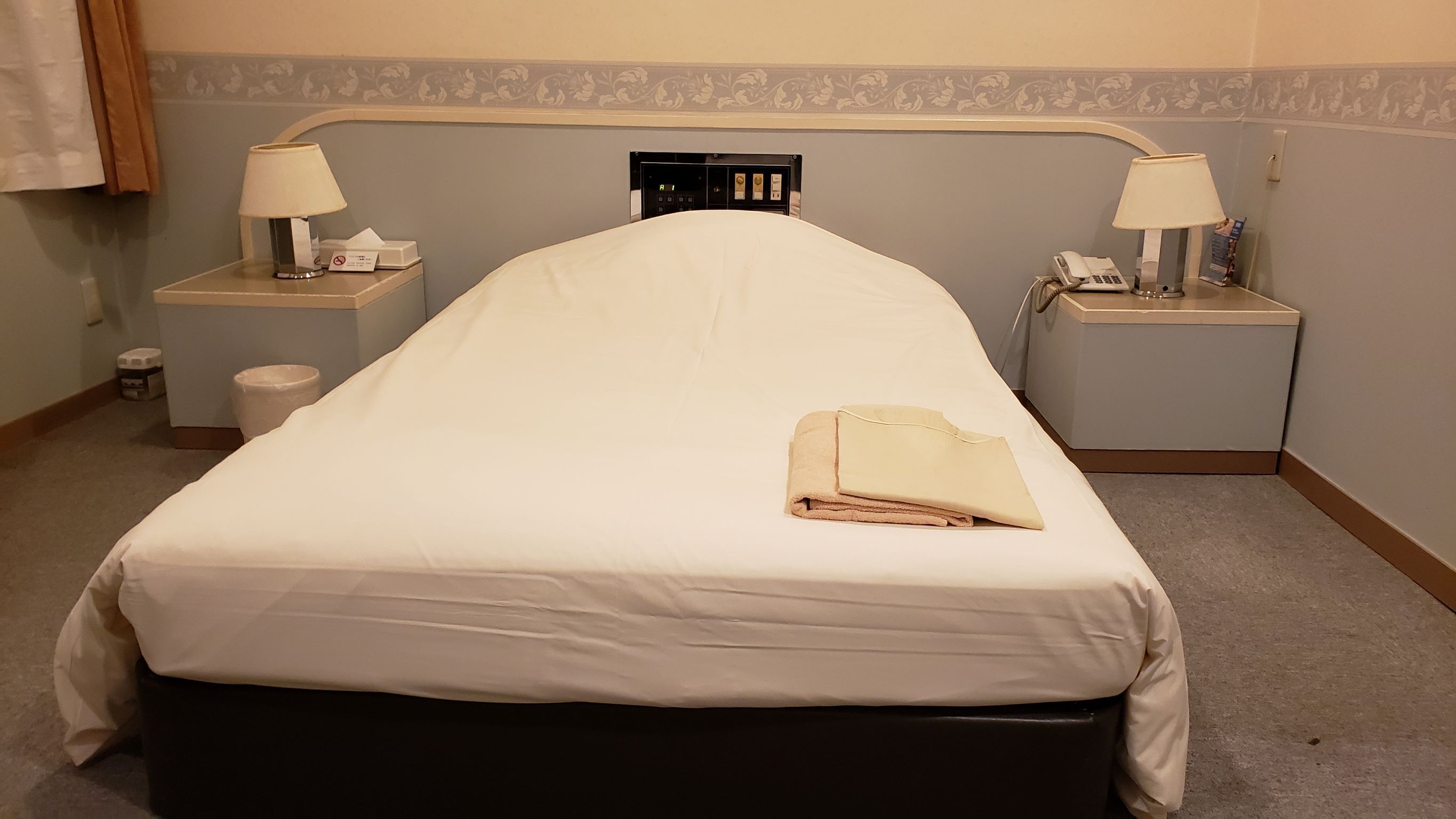 A neatly made bed with a white sheet, two bedside tables with lamps, a nightstand, and a wall-mounted control panel.