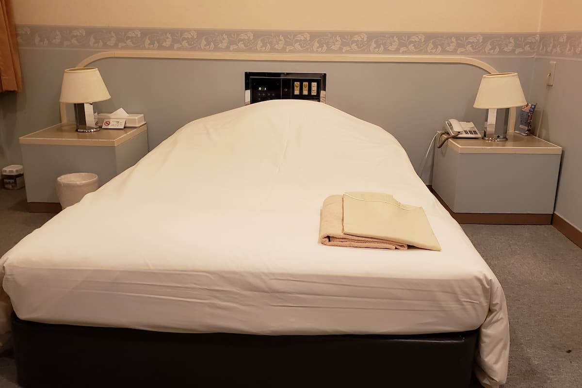 A neatly made bed with a white sheet, two bedside tables with lamps, a nightstand, and a wall-mounted control panel.