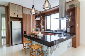 Fridge, microwave, stovetop, rice cooker