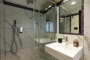 Shower, hair dryer, bidet, towels