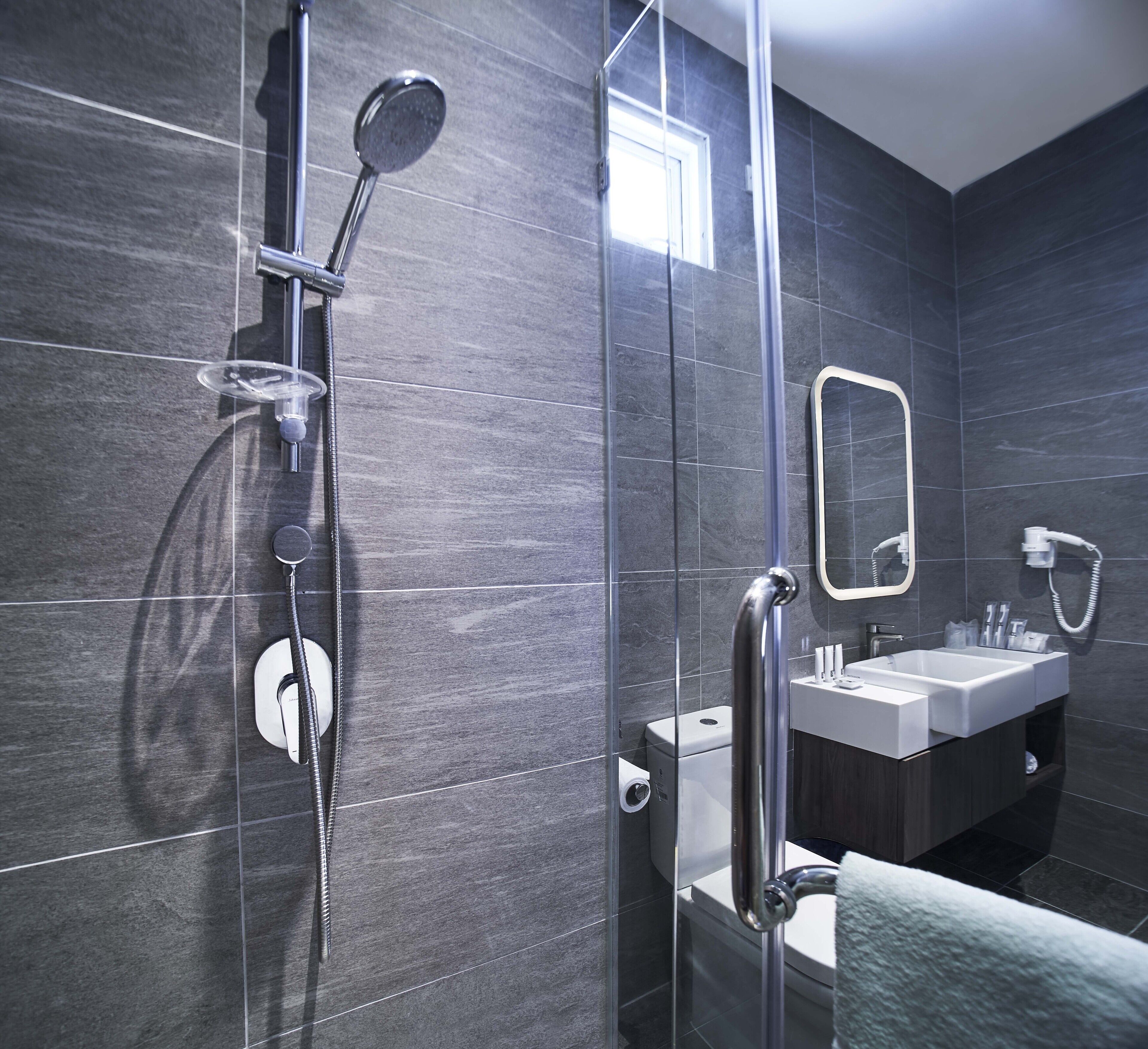 shower, free toiletries, hair dryer, bidet