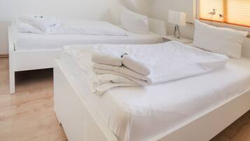 A modern, white-themed bedroom with two beds, a skylight, and a view of the outdoors.