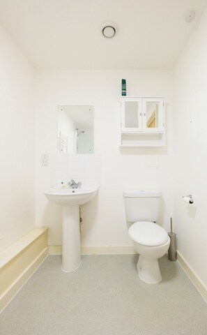 A bathroom with a pedestal sink, a toilet, and a cabinet above the toilet. - 2 Bedroom Flat in Zone 1 (London)