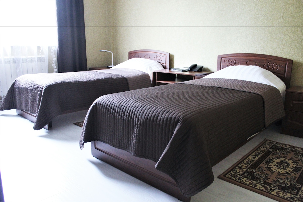 Chambre Confort avec lits jumeaux | Bureau, fer et planche à repasser, Wi-Fi gratuit, draps fournis