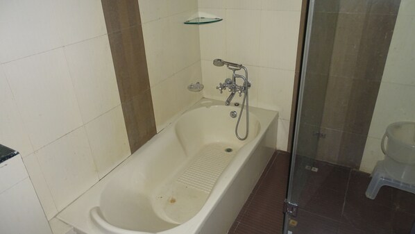 Une baignoire standard, dotée d’un pommeau de douche et d’une paroi en verre sur le côté droit.