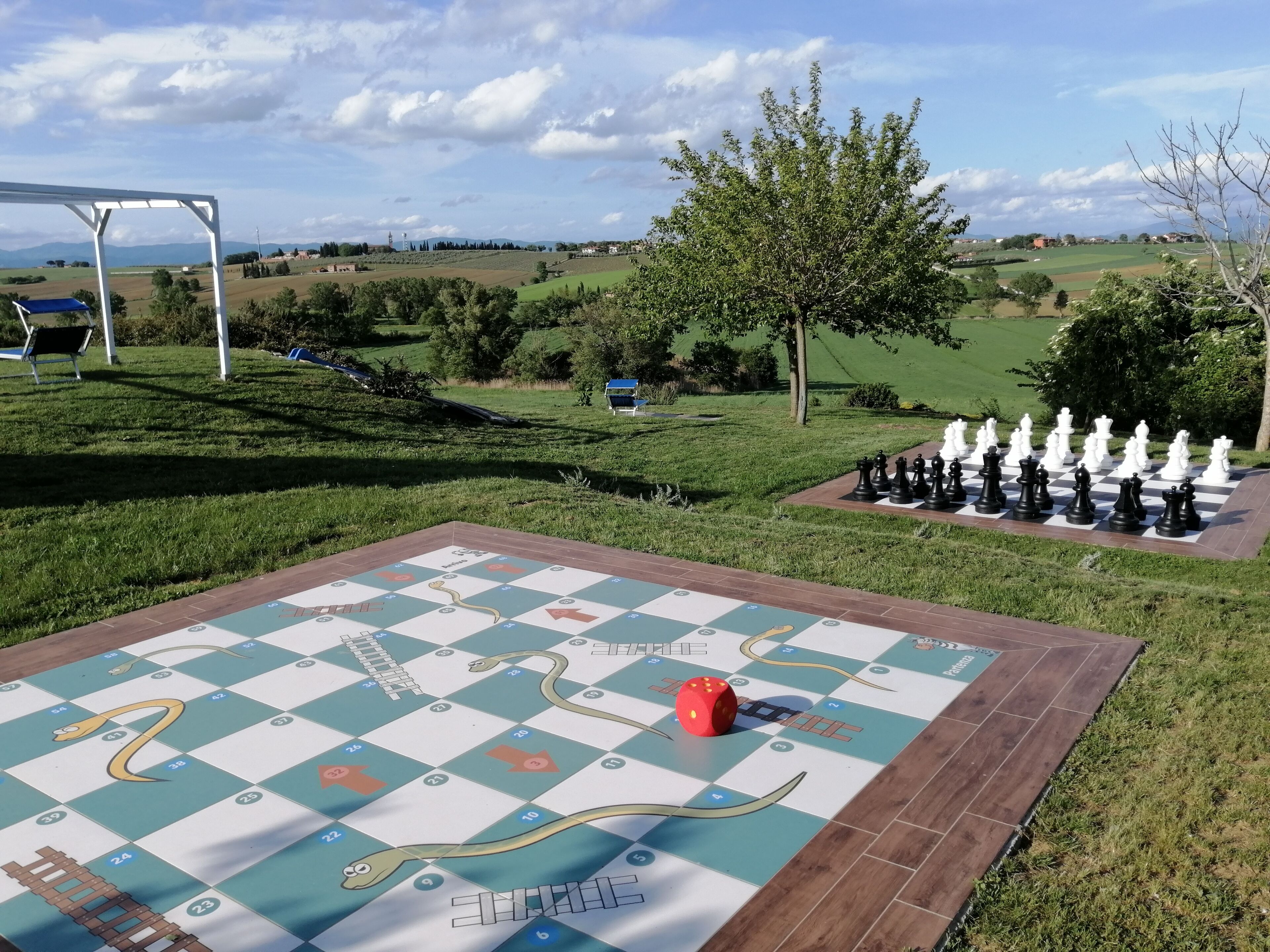Ein großes Schachbrett im Freien auf einer grünen Wiese, im Hintergrund eine hügelige Landschaft mit Bäumen.