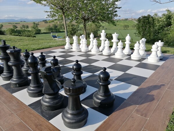 Un tablero de ajedrez grande al aire libre con piezas negras y blancas, rodeado de un paisaje pintoresco.