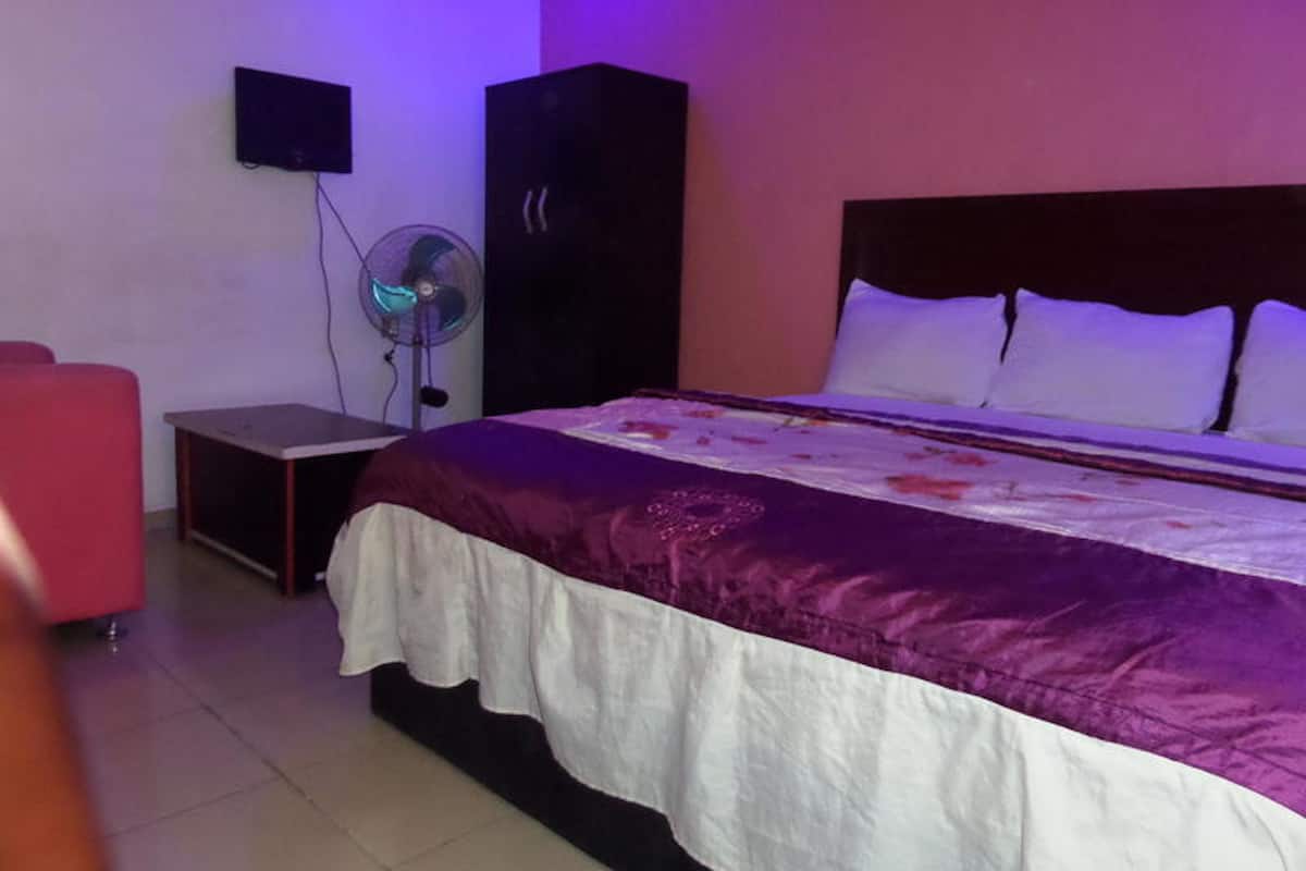 Un dormitorio con cama, mesita de noche, ventilador, armario y televisor.