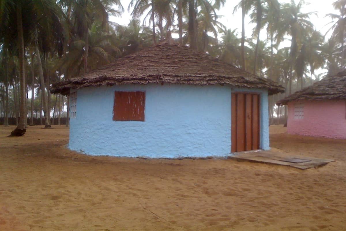 Un petit bâtiment d’un seul étage, doté d’un toit de chaume et entouré de palmiers.