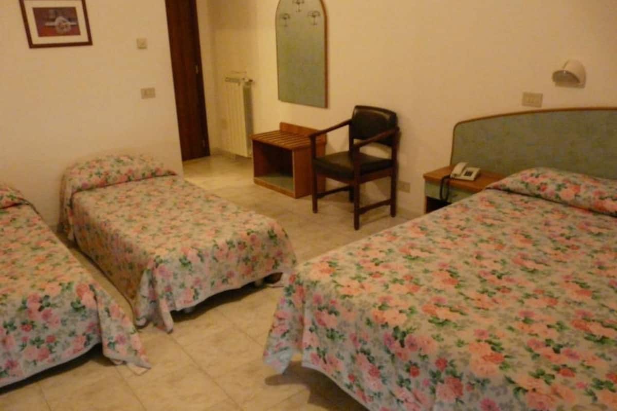 Une chambre avec deux lits simples, une chaise, un bureau et un miroir.