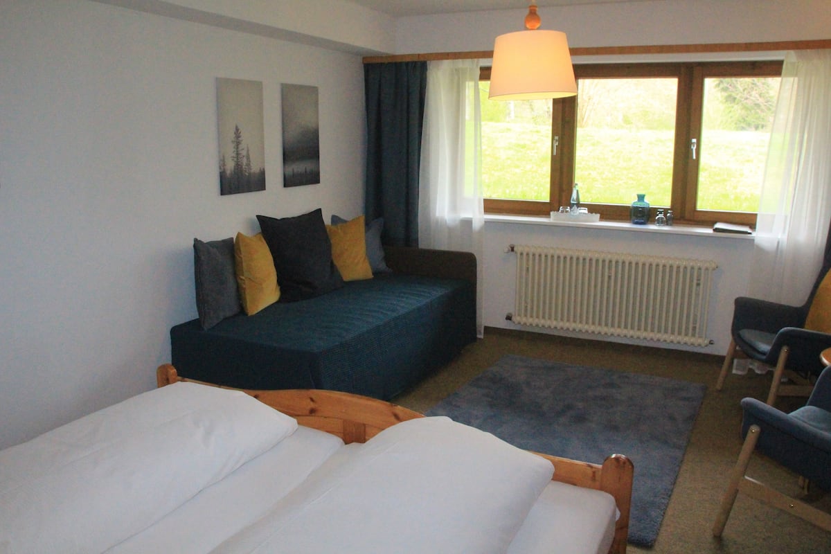 Una habitación con cama, sofá, sillón, radiador y ventana con cortinas.