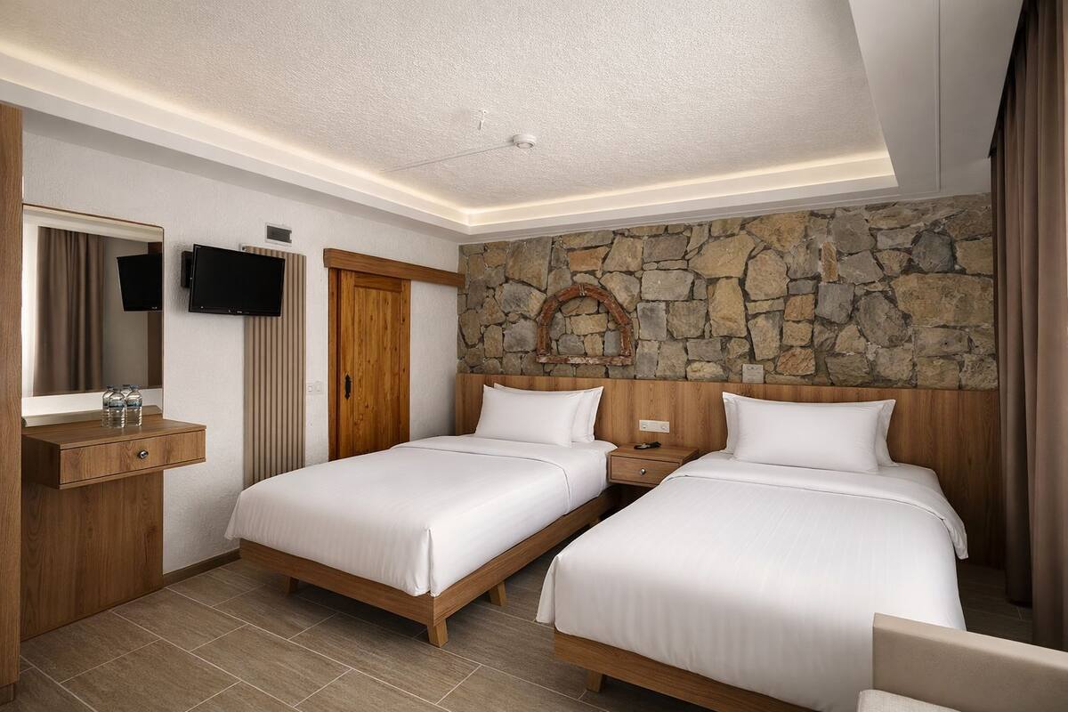 Une chambre d’hôtel avec deux lits, un mur décoratif en pierre, une tête de lit en bois, un téléviseur à écran plat, une table de chevet en bois et un miroir.