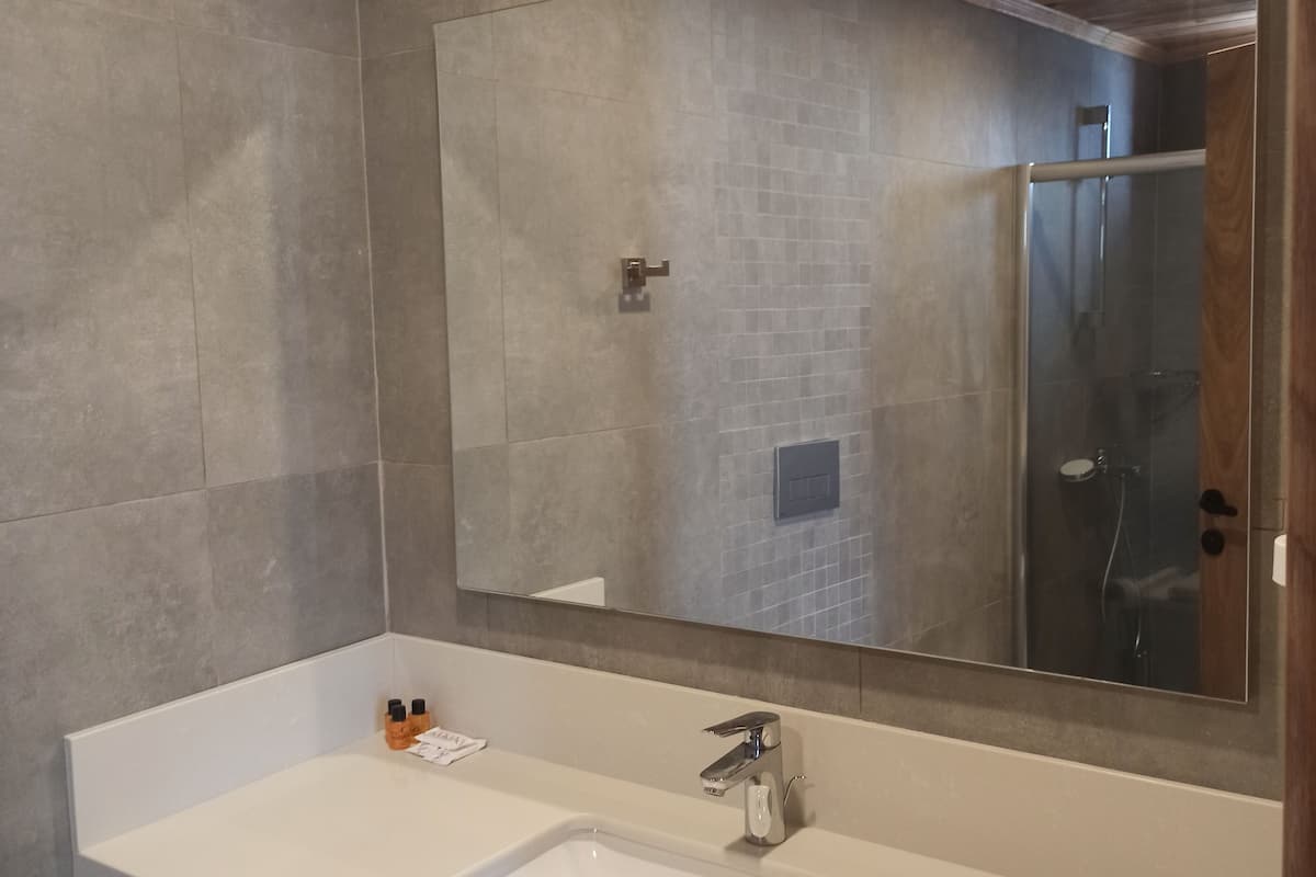 A bathroom with a large mirror, a white sink, and a shower area.