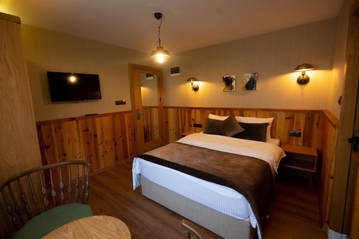 A wooden-paneled room with a bed, a chair, a television, and wall-mounted lights.