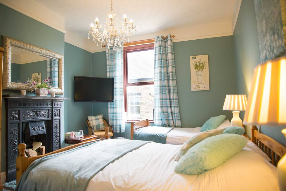 A bedroom with two beds, a television, a fireplace, and a window with curtains.