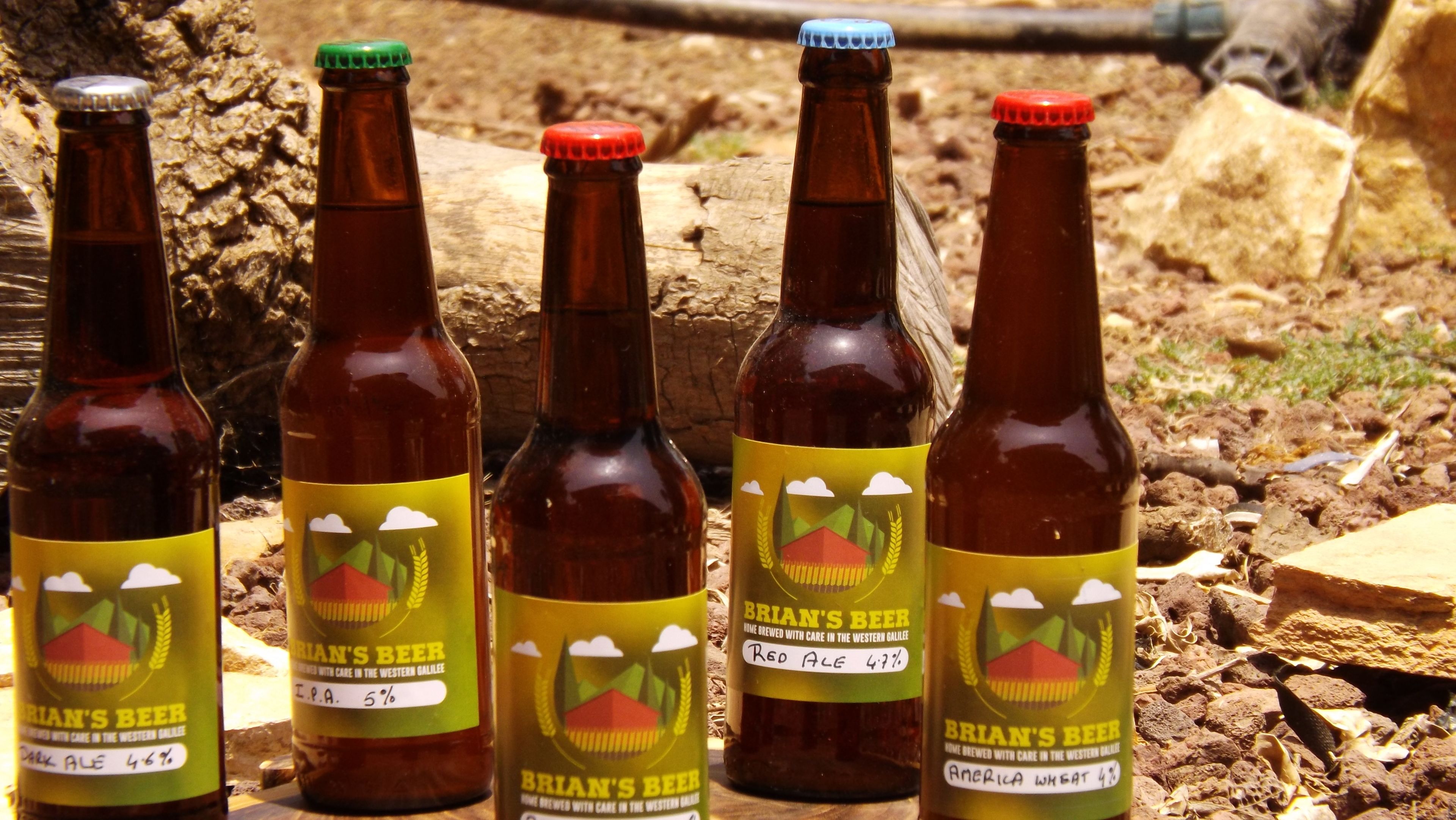 Four bottles of Brian's Beer with different labels and alcohol percentages.