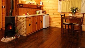 A cozy cabin interior with a wood-burning stove, a small kitchen area, and a dining table. - Tzlil Hateva (Ma'ale Yosef)